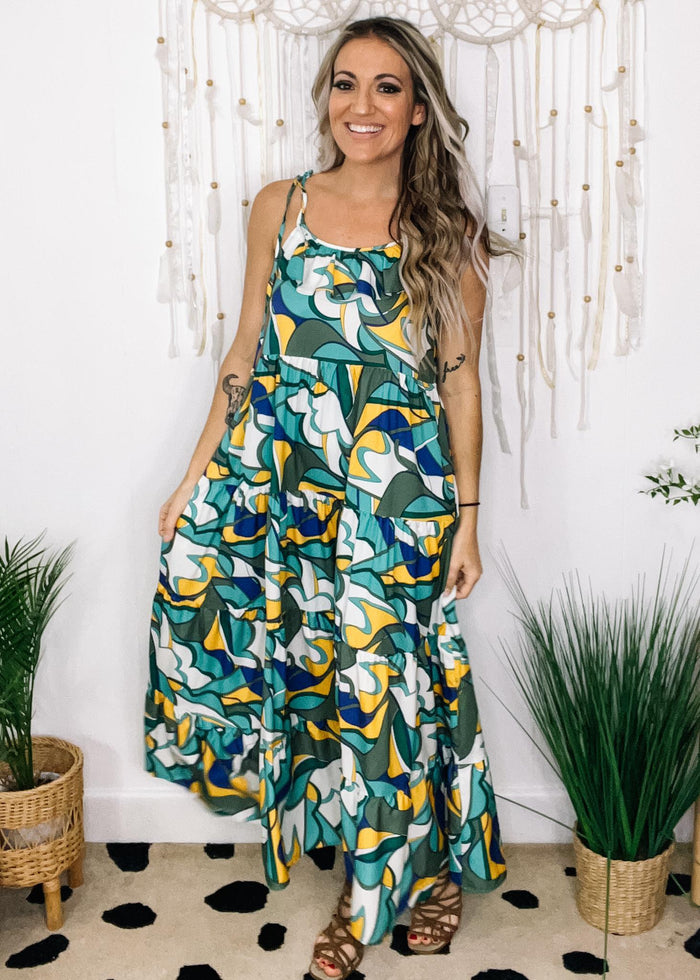 Green Multi Abstract Tiered Maxi