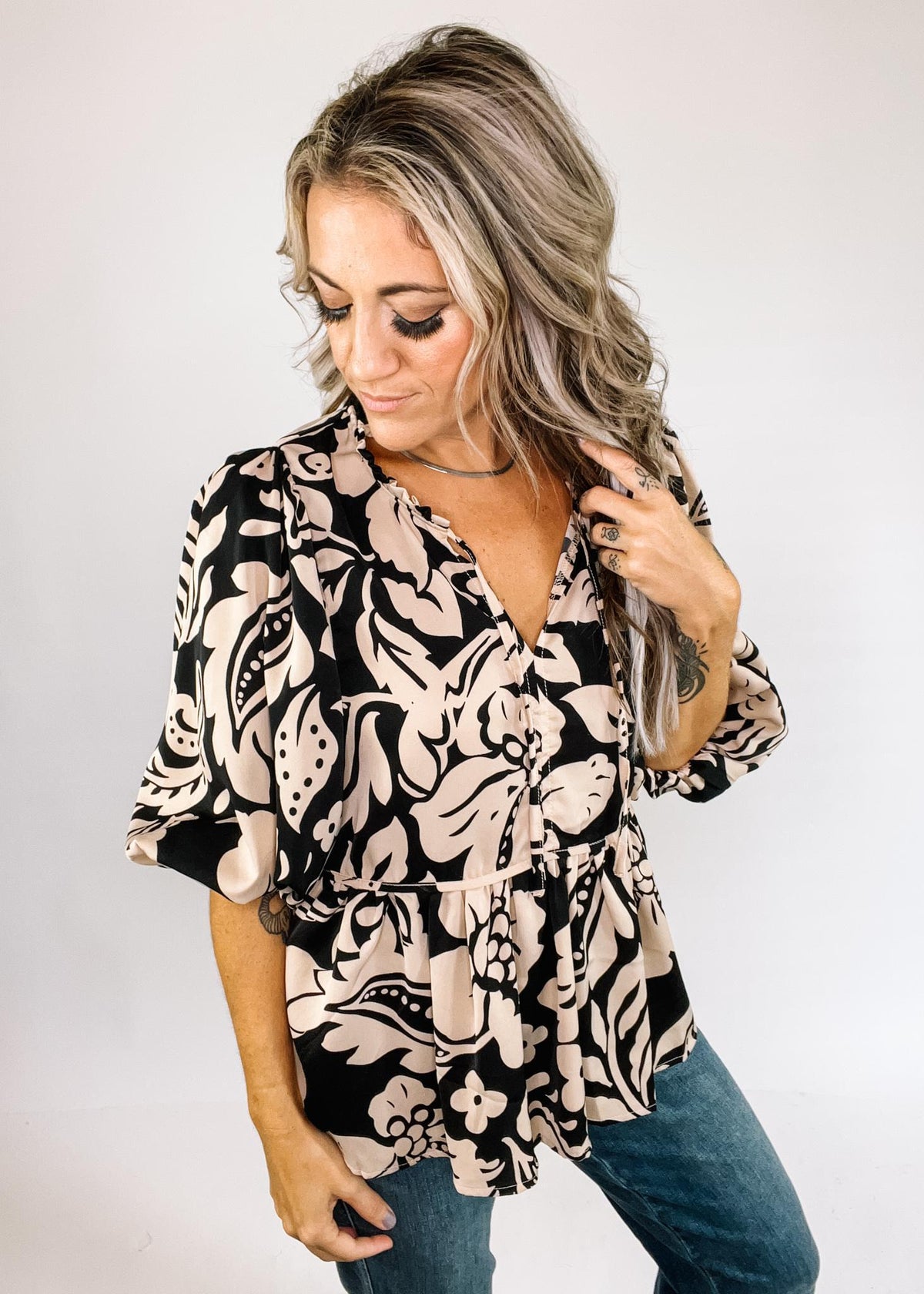 Black Tan Damask Floral Babydoll Top