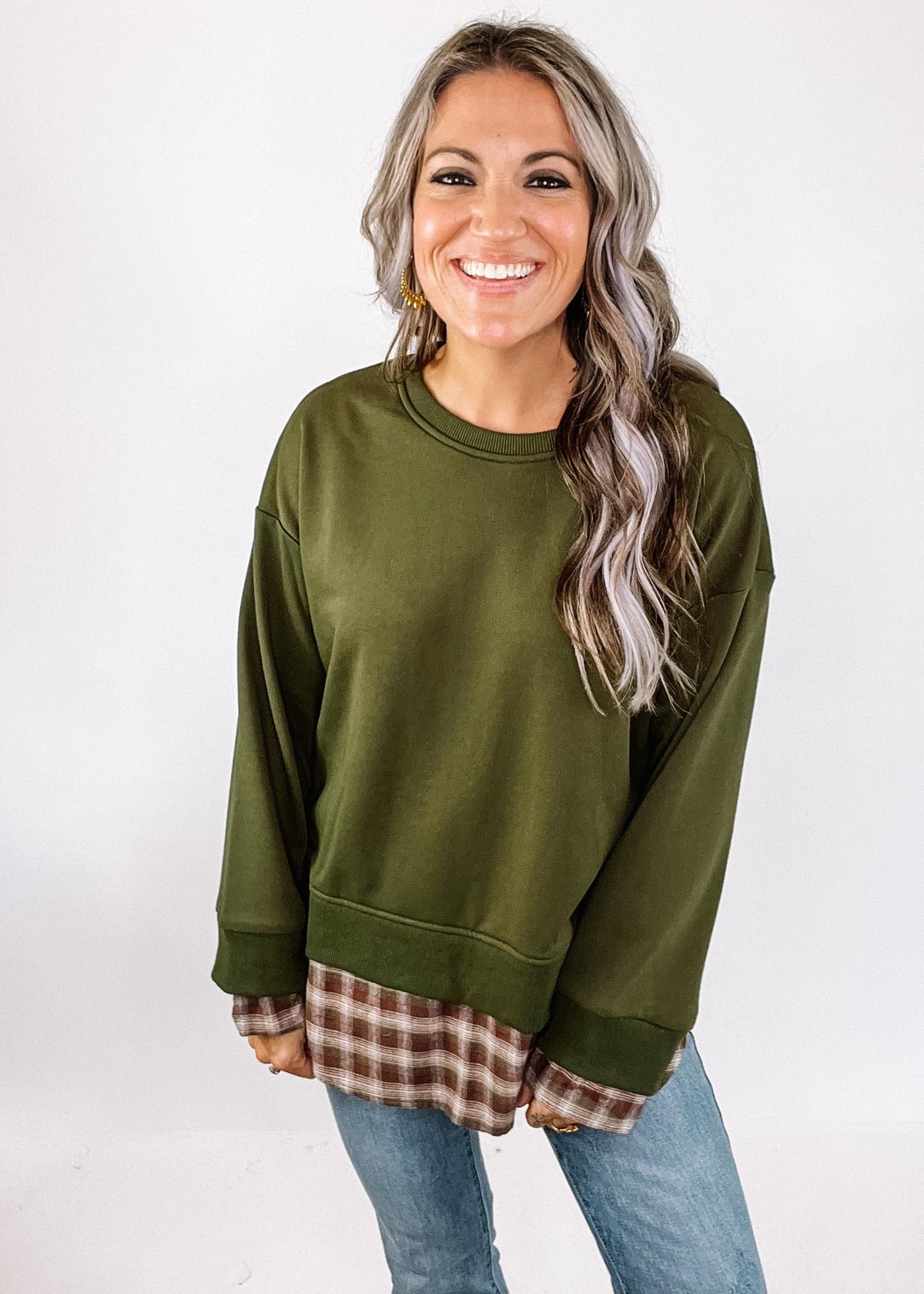 Olive Pullover with Plaid Back Detail