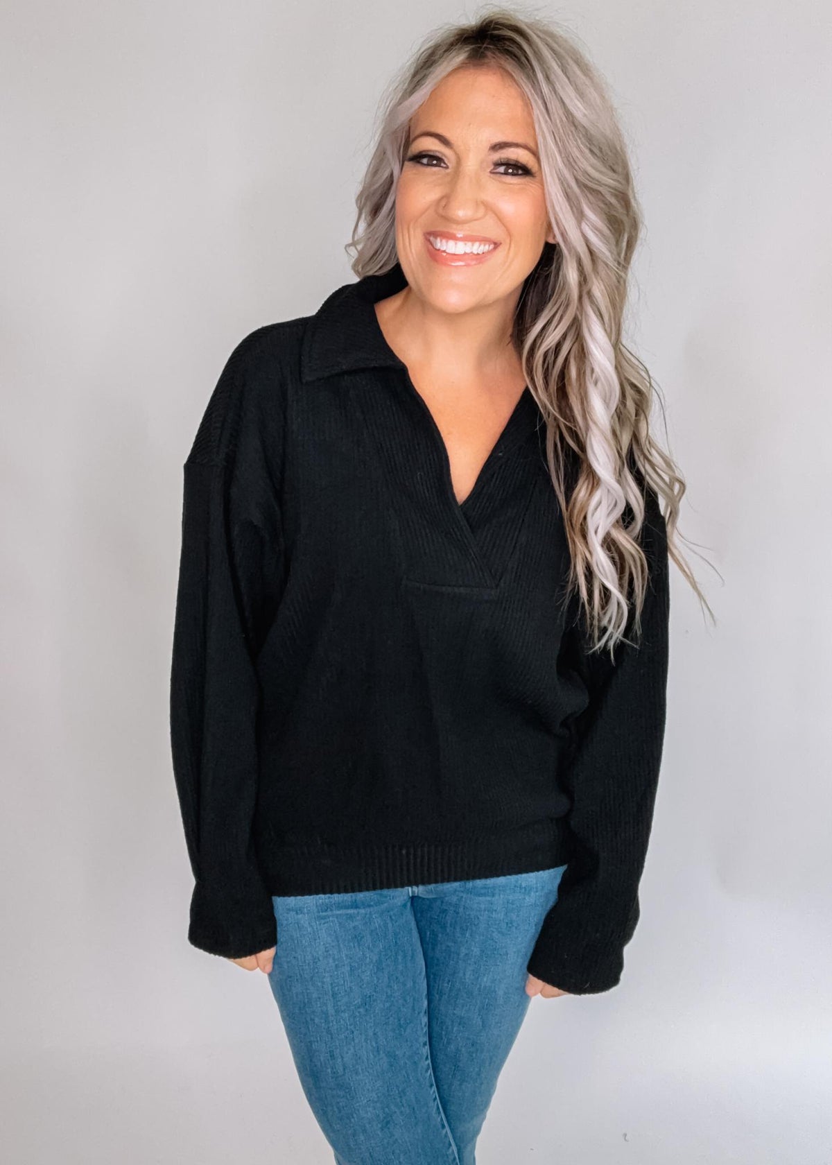 Ribbed Black Collared Top