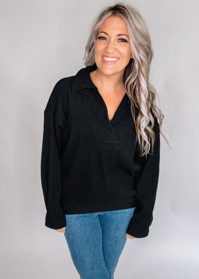 Ribbed Black Collared Top