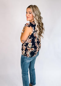 Navy and Mauve Floral Chiffon Blouse