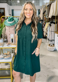 Green Drop Shoulder Button Down Shirt Dress