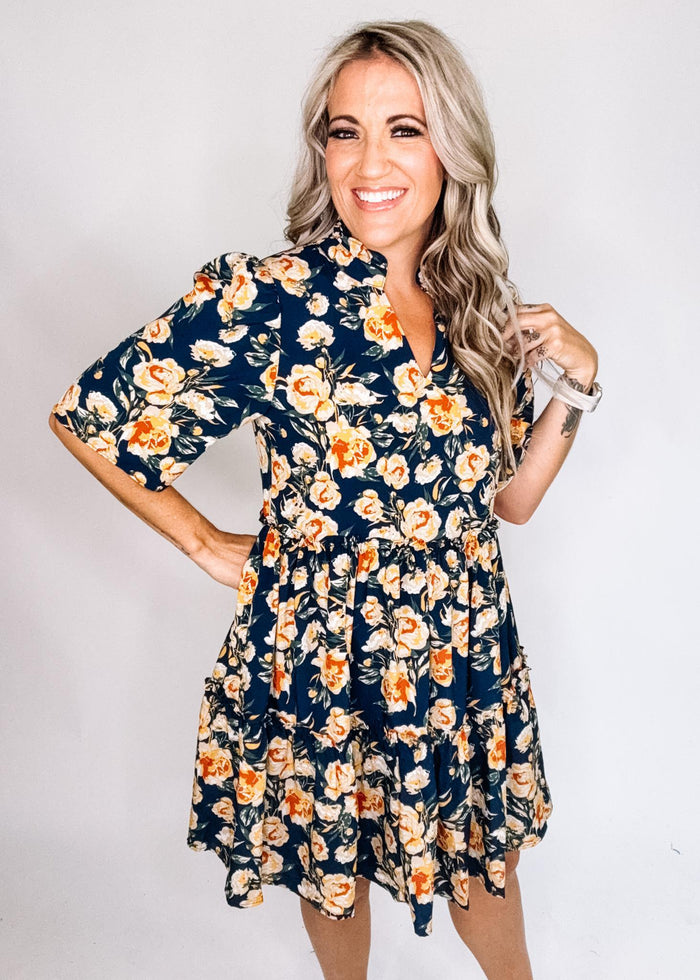 Navy Floral Tiered Dress with Side Pockets