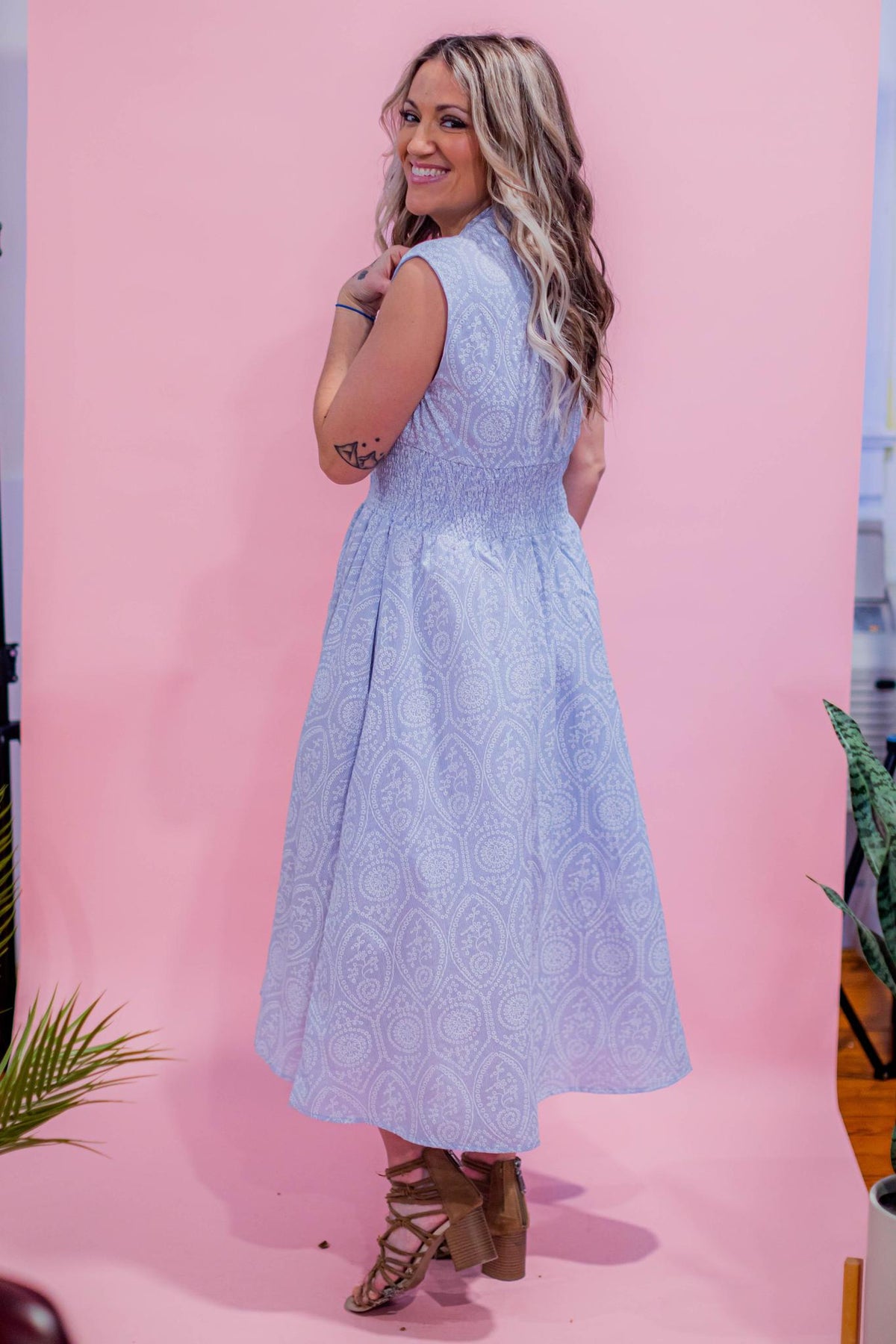 Zipper Front Light Blue and Ivory Midi Dress