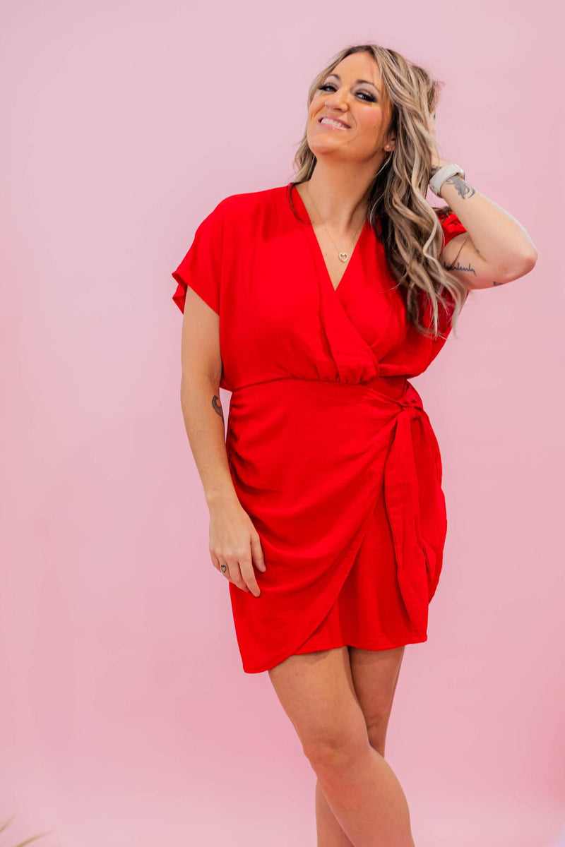 red surplice dress VALENTINA Plus Size Red Surplice Wrap Dress, Curvy Women's Knit Dress With Long Sleeves and Sash