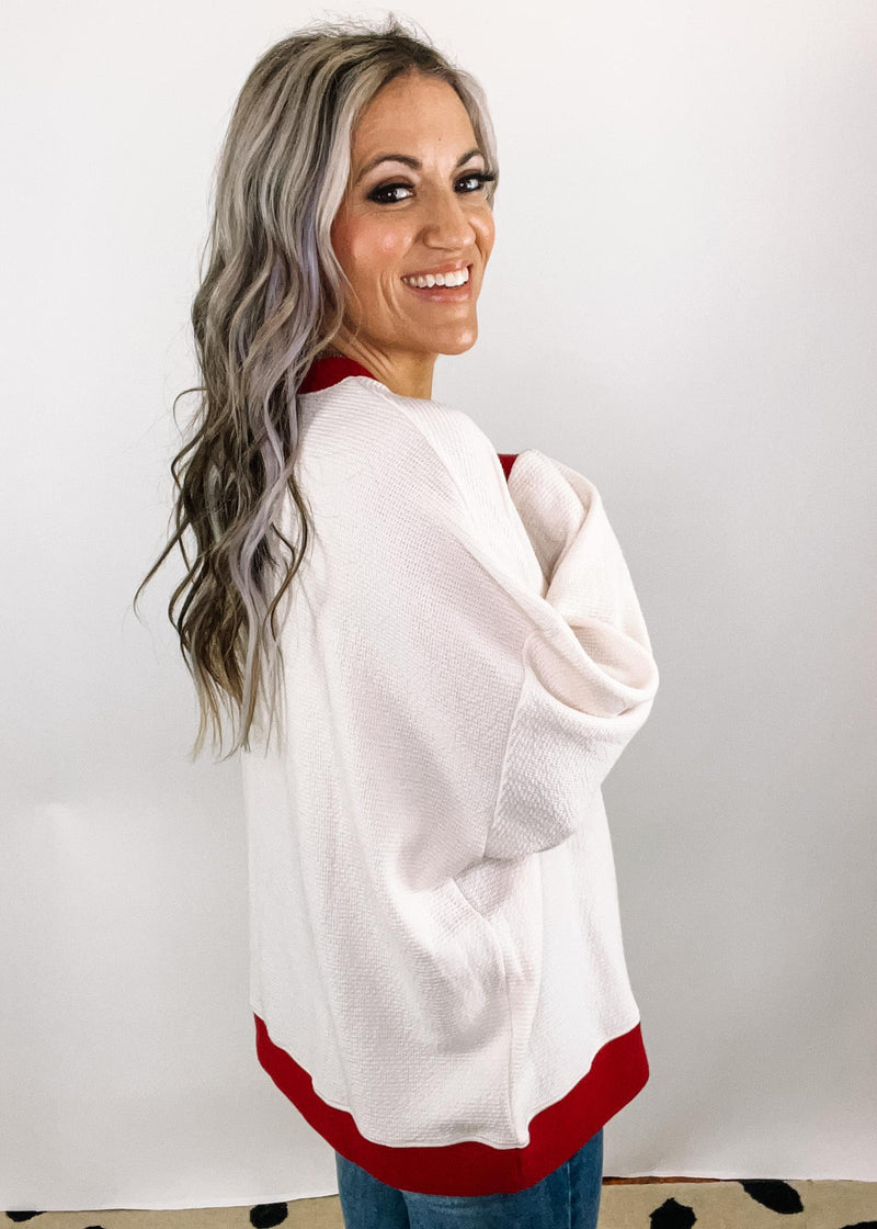 Ivory Red Trim Knit Top