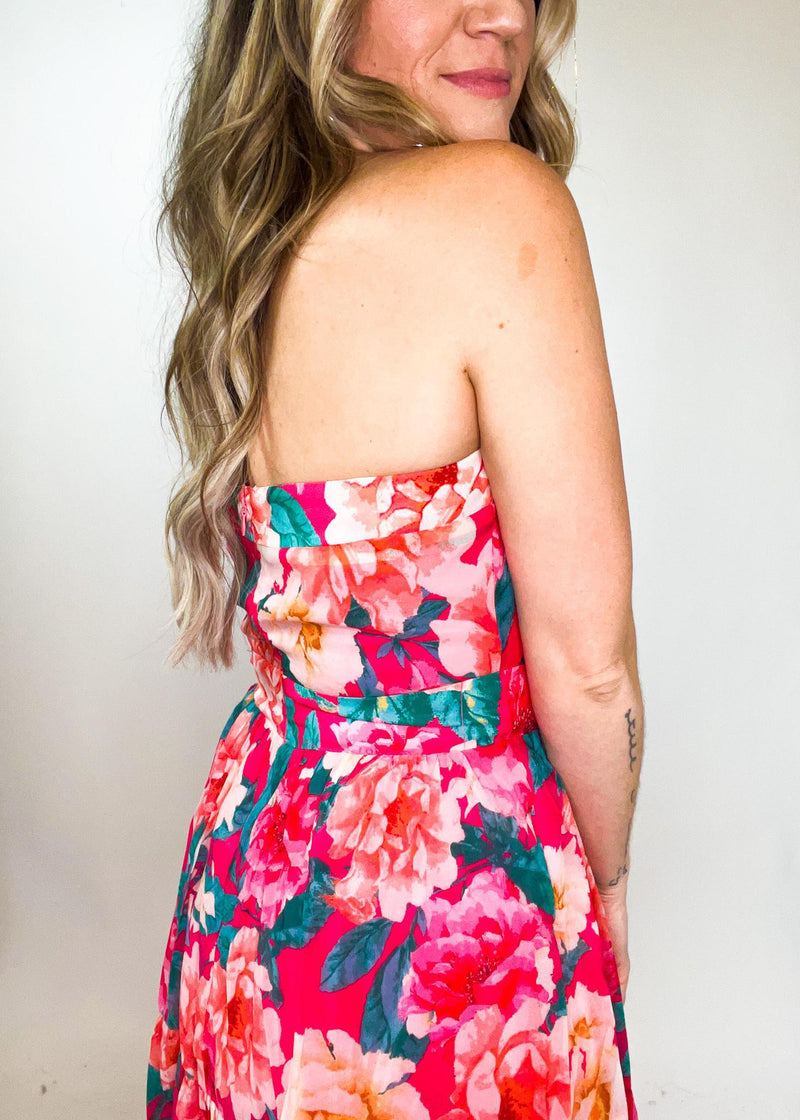 Strapless Pink Floral Tiered Dress