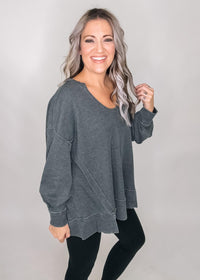 Cotton Blend Waffle Knit Oversized Long Sleeve Top