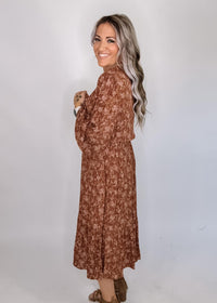 Taupe Trim Floral Midi Dress