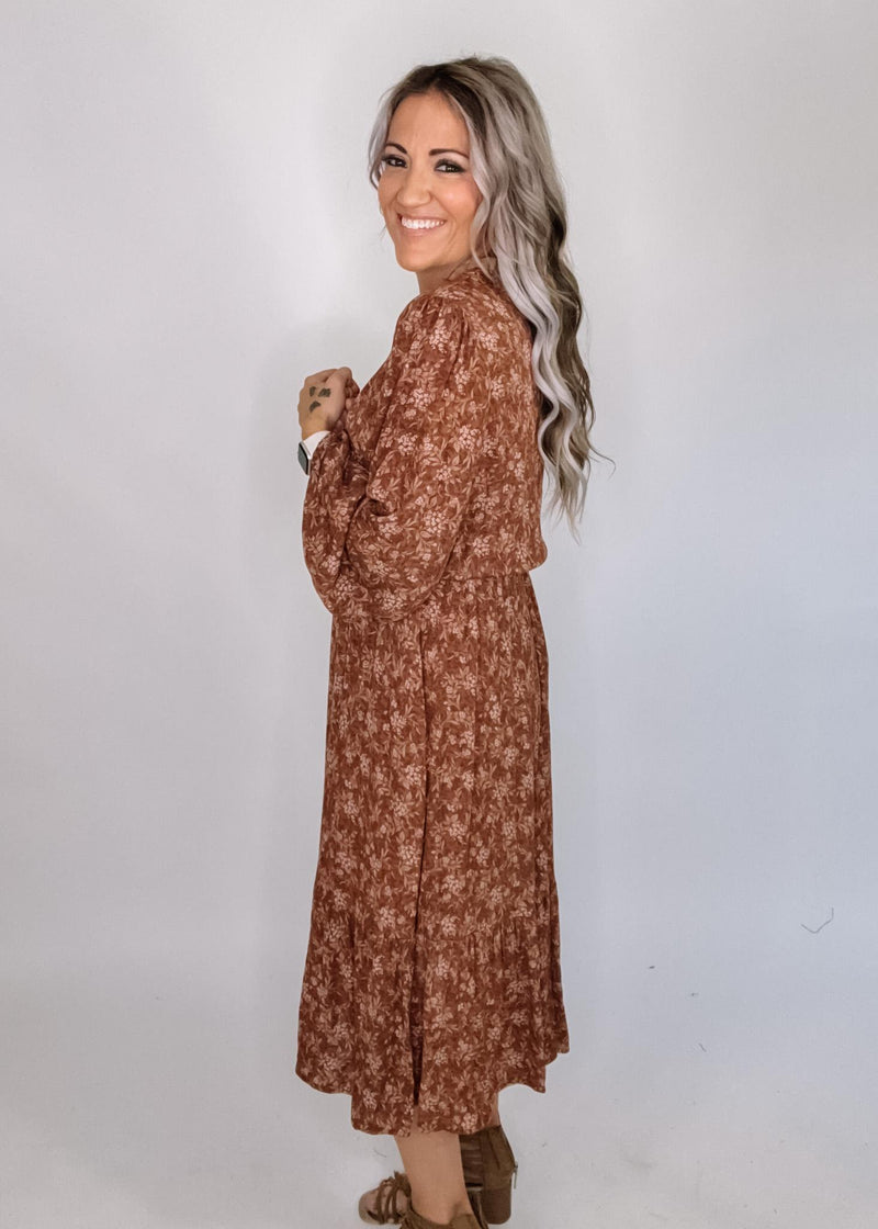 Taupe Trim Floral Midi Dress