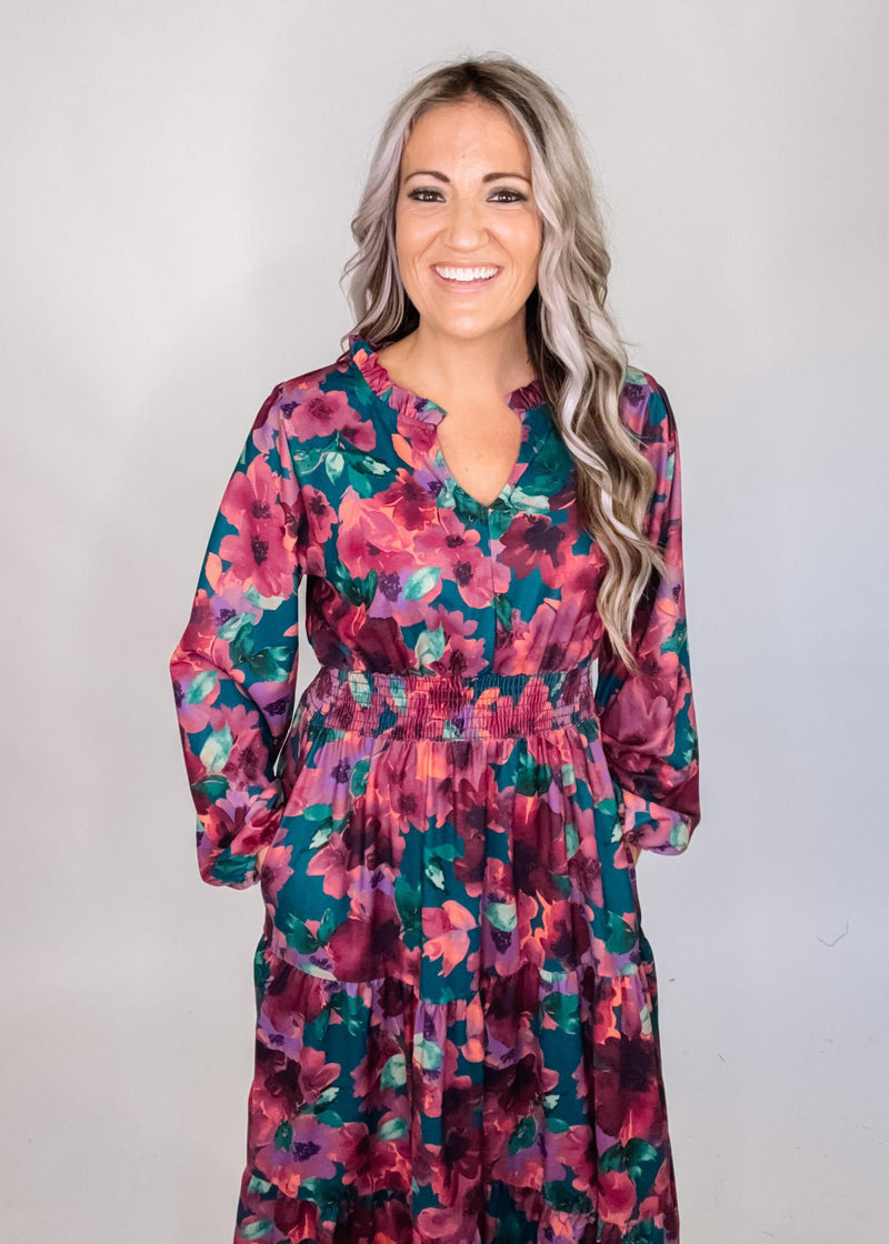 Hunter and Magenta Floral Midi Dress
