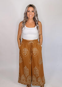 Caramel Embroidered Wide Leg Pants
