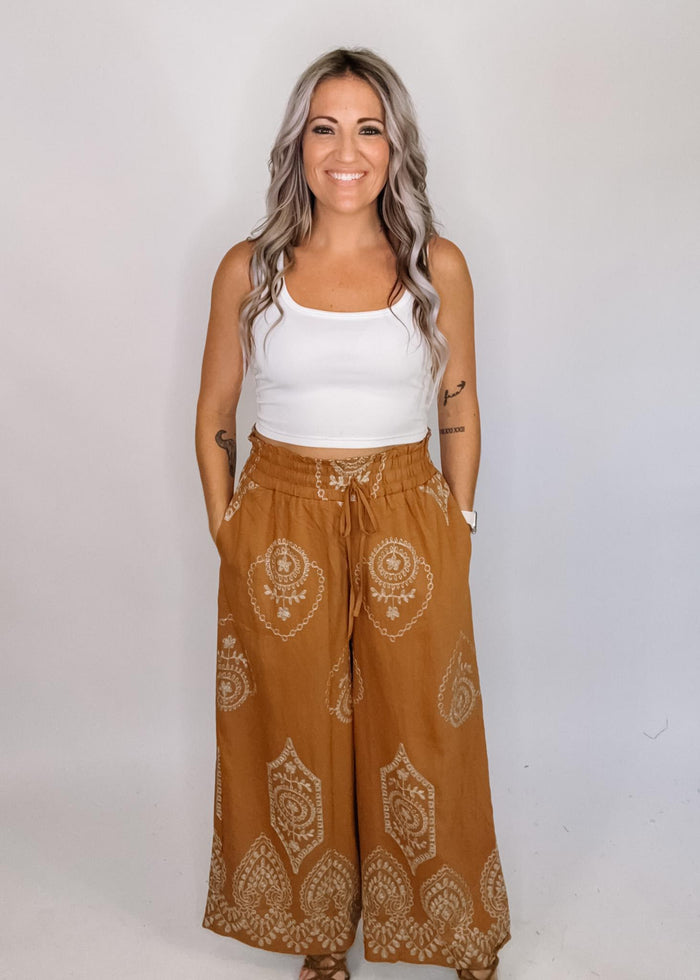Caramel Embroidered Wide Leg Pants