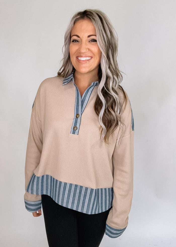 Striped Contrast Trim Waffle Knit Collared Top