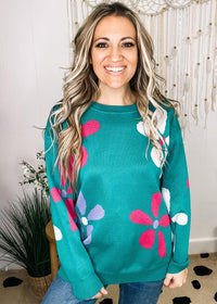 Turquoise Daisy Oversized Pullover Sweater