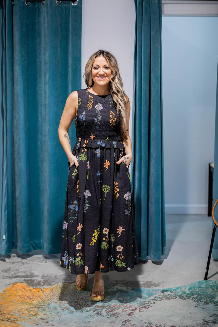 Black Smocked Top Floral Maxi