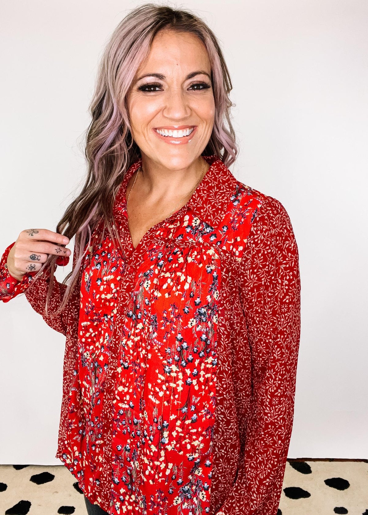 Deep Red Metallic Mixed Print Blouse