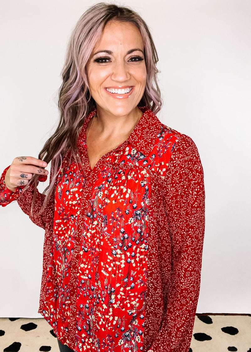 Deep Red Metallic Mixed Print Blouse