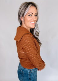 Zip Up Pointelle Open Knit Sweater