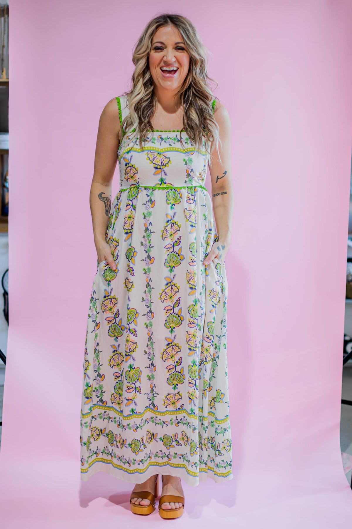 Green Printed Strappy Maxi