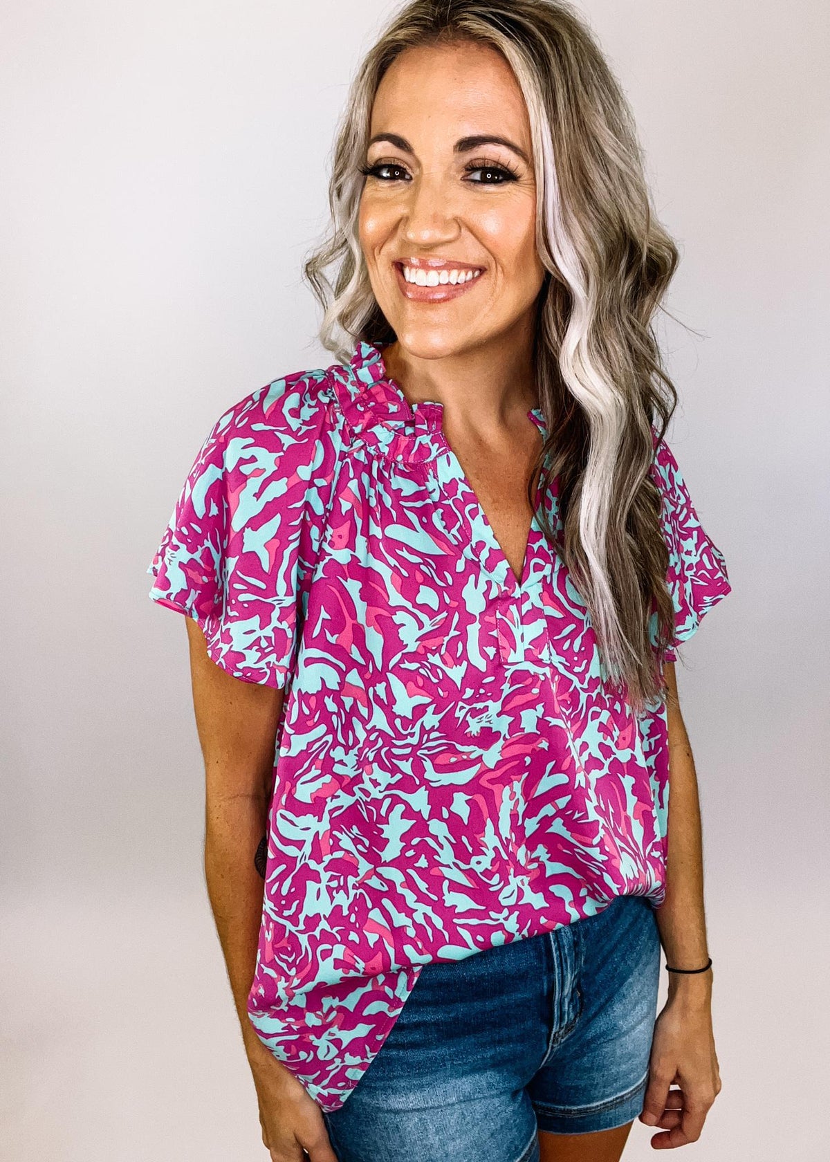 Fuchsia and Mint Abstract Print Blouse