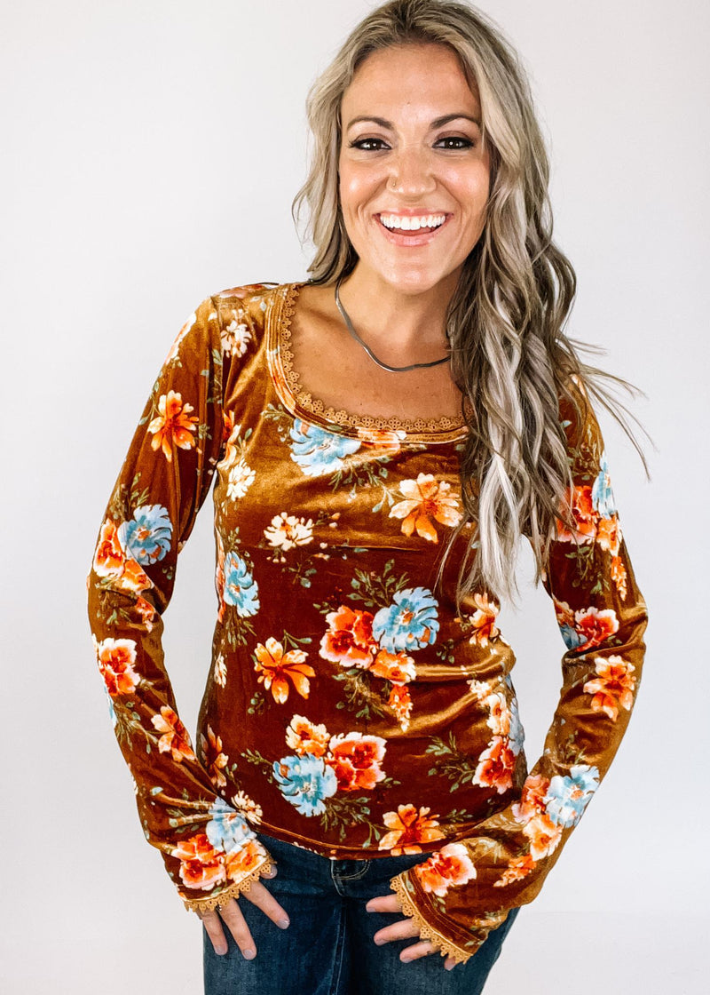 Rust Floral Velvet Top