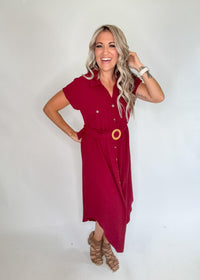 Burgundy Collared Button Down Belted Midi Dress