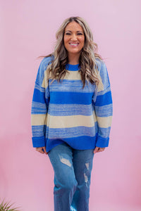 Chunky Knit Blue and Ivory Stripe Sweater