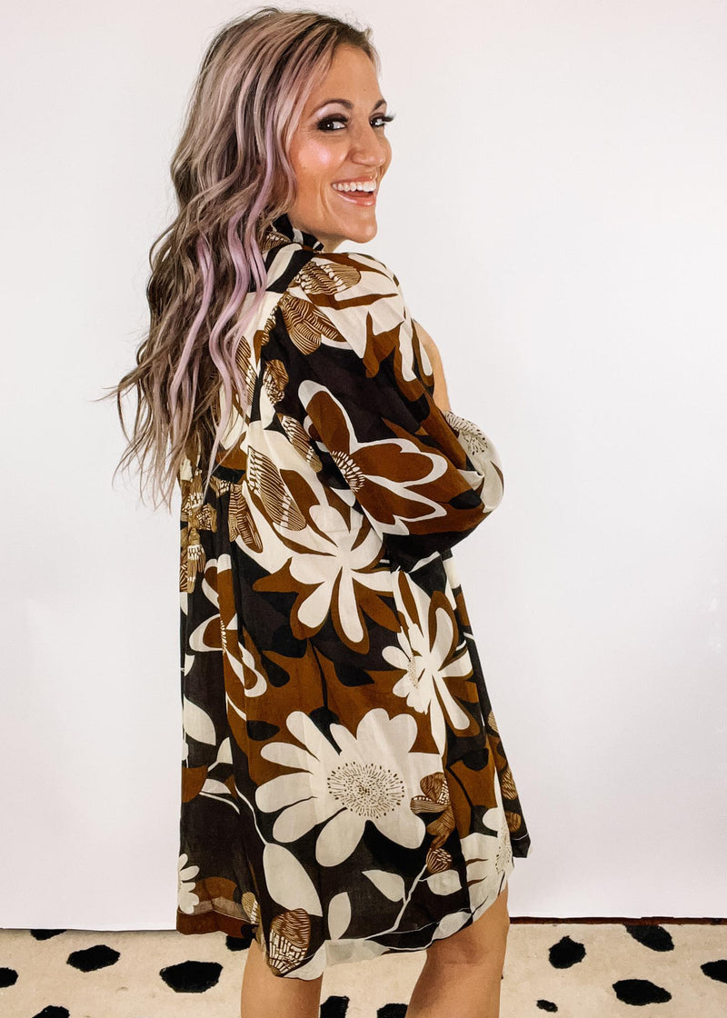 Caramel Floral Puff Sleeve Dress