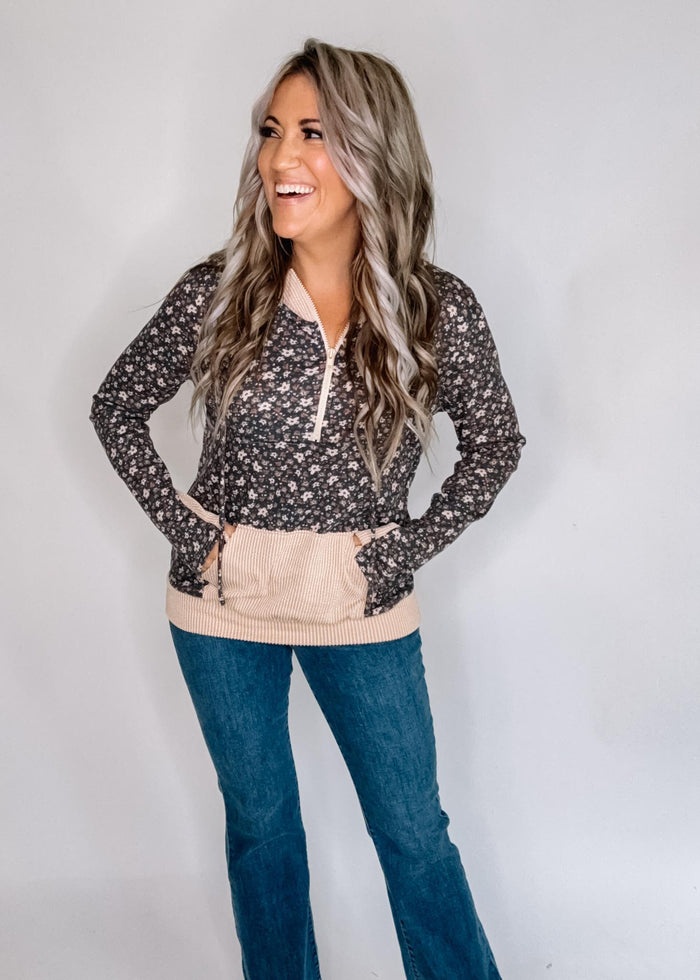 Floral Color Block Half Zip Hoodie