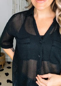 Short Sleeve Sheer Knit Collared Button Up Top
