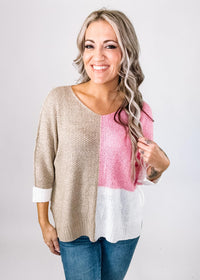 Pink Color Block V Neck Knit Sweater