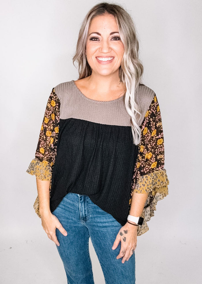 Color Block Top with Chiffon Sleeves