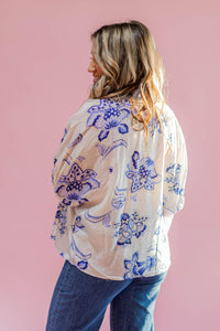 Blue Trim Printed Blouse