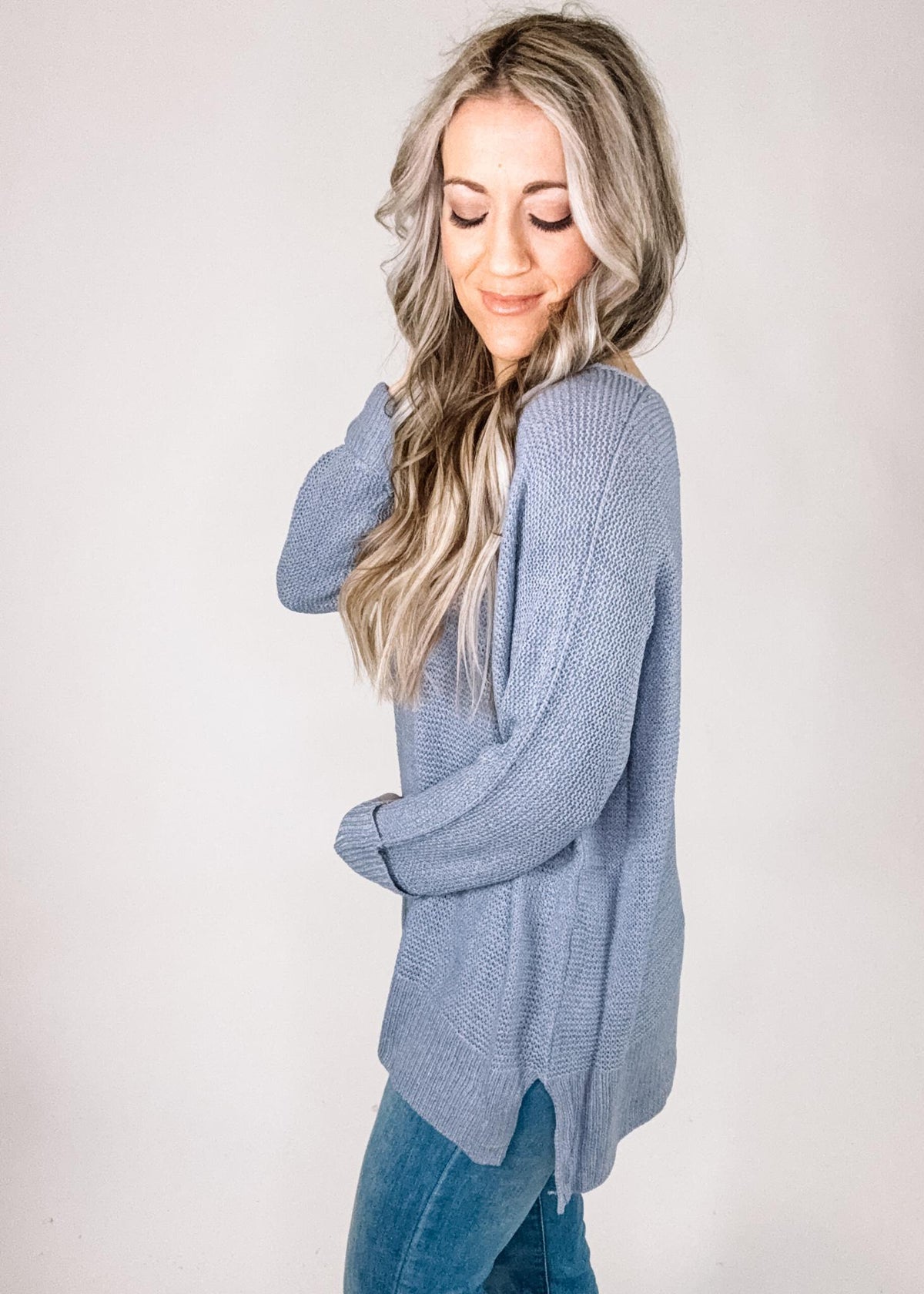 Slate Blue V Neck Knit Sweater