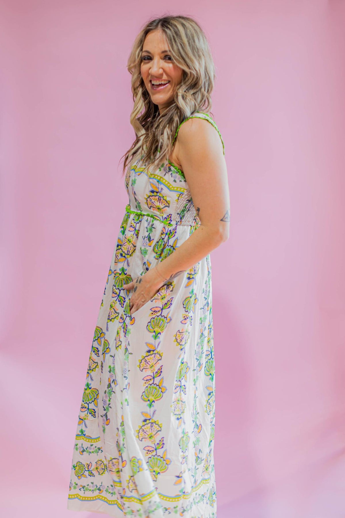 Green Printed Strappy Maxi