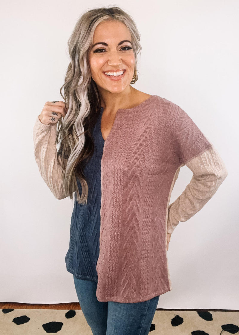 Light Taupe Cable Knit Color Block