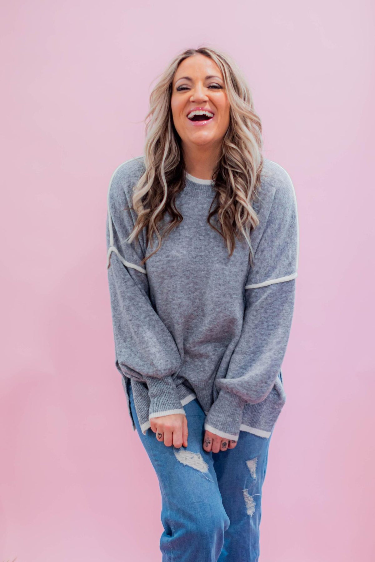 Heather Grey Contrast Stitch Chunky Sweater
