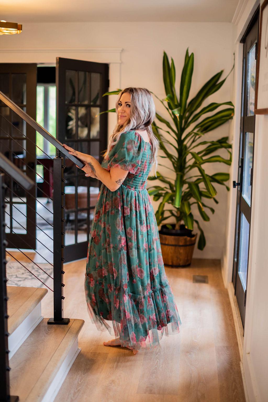 Green and Floral Mesh Maxi Dress