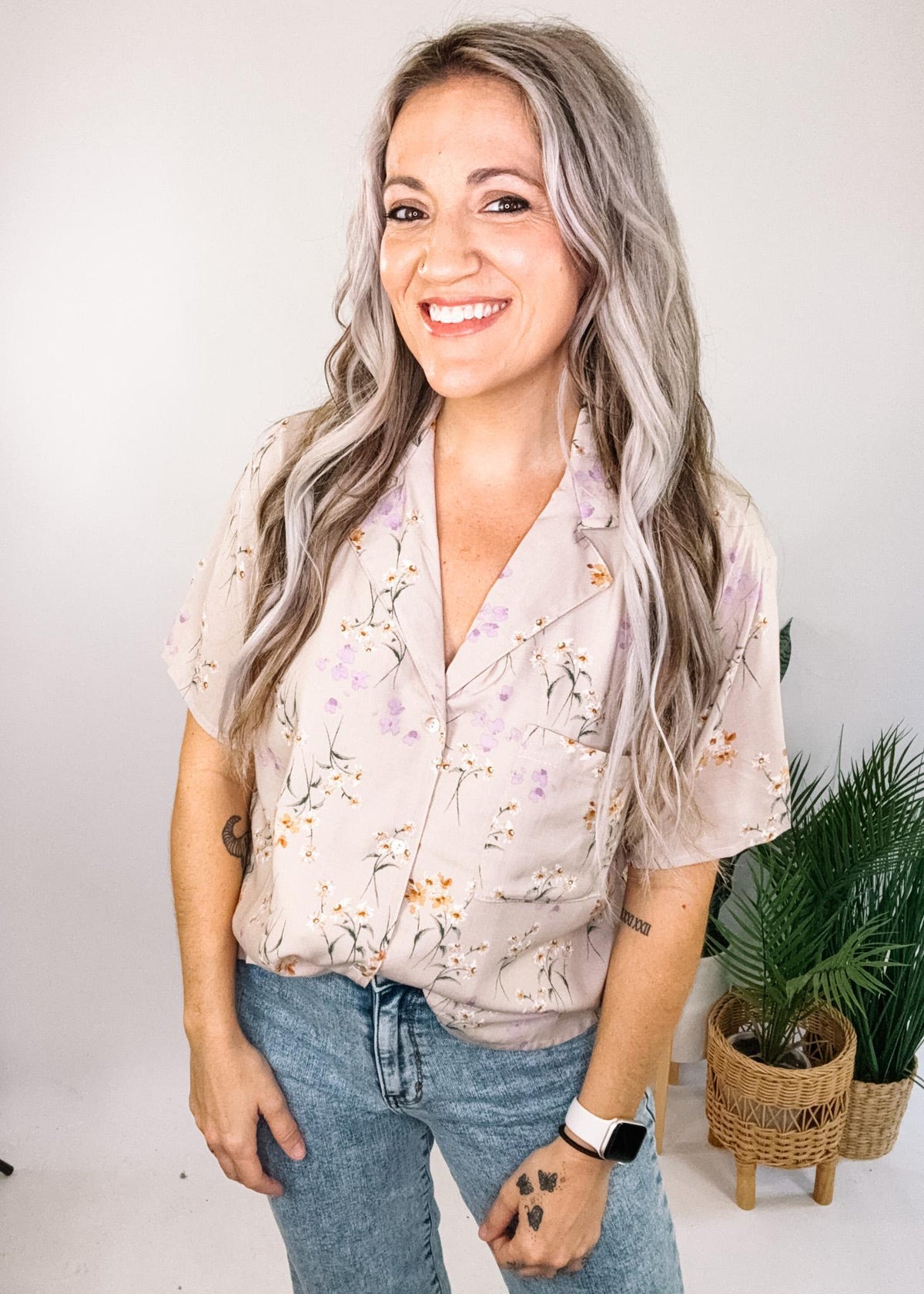 Taupe Button Down Floral Top