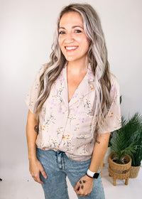 Taupe Button Down Floral Top