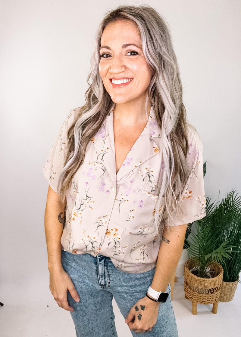 Taupe Button Down Floral Top