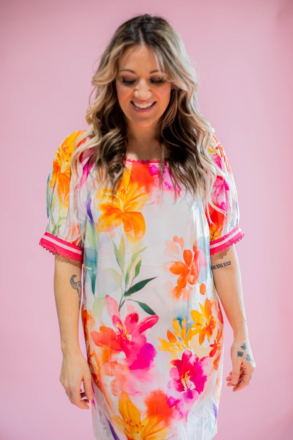 Pink Printed Puff Sleeve Dress