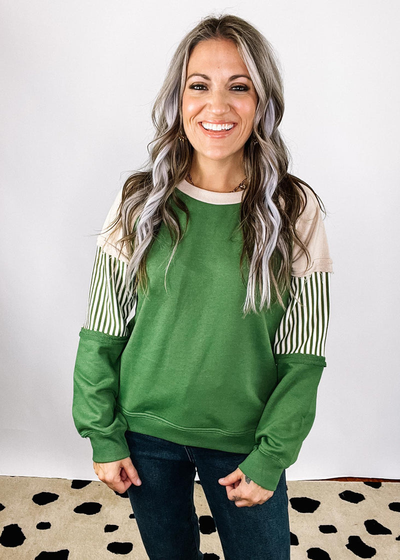 Green Crew Neck Color Block Sleeve Top