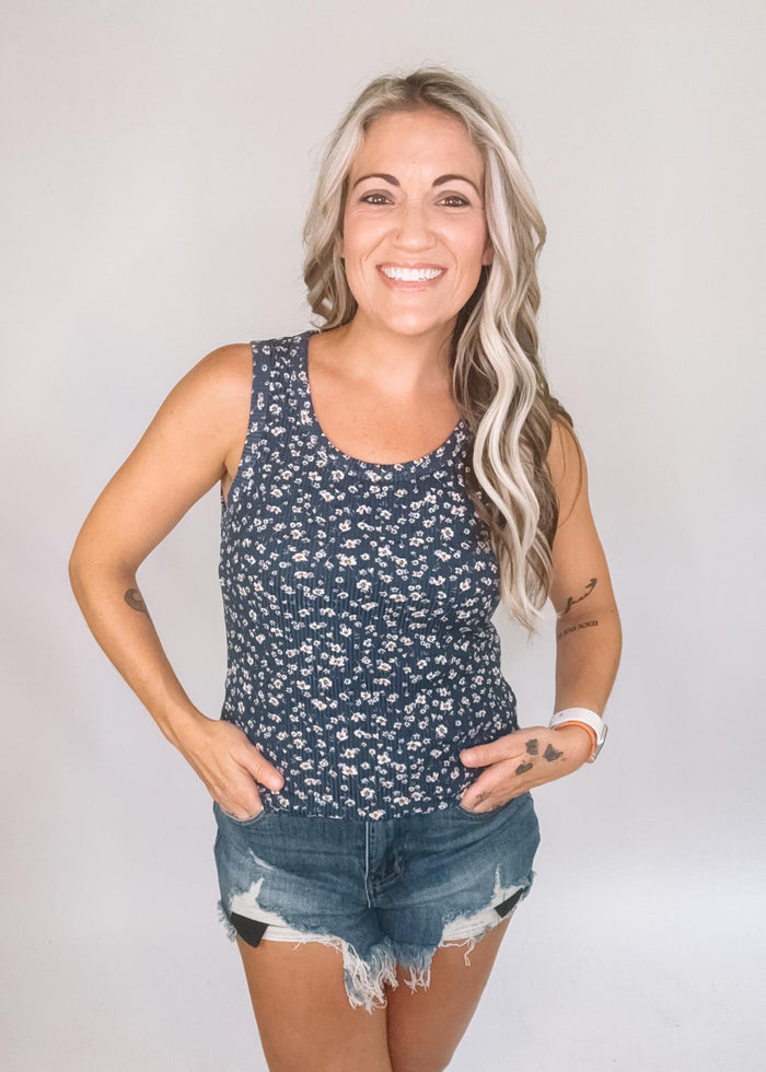 Blue floral ribbed tank top