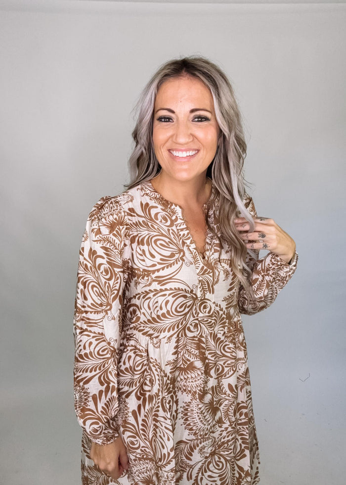 Split Neck Ornate Floral Dress