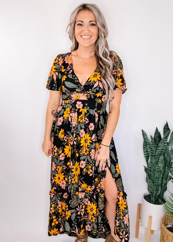 Black Flutter Sleeve Maxi with Pink and Orange Floral