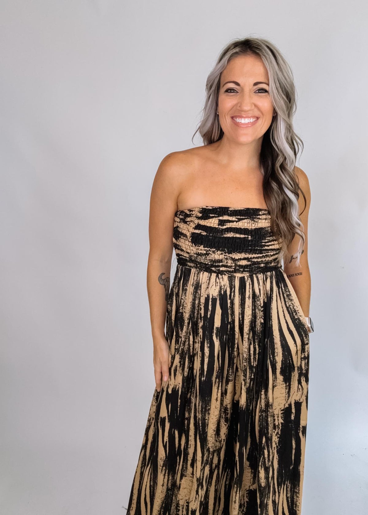 Satin Strapless Smocked Wide Leg Jumpsuit