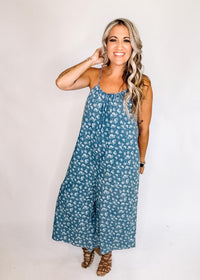 Chambray Floral Print Adjustable Strap Jumpsuit